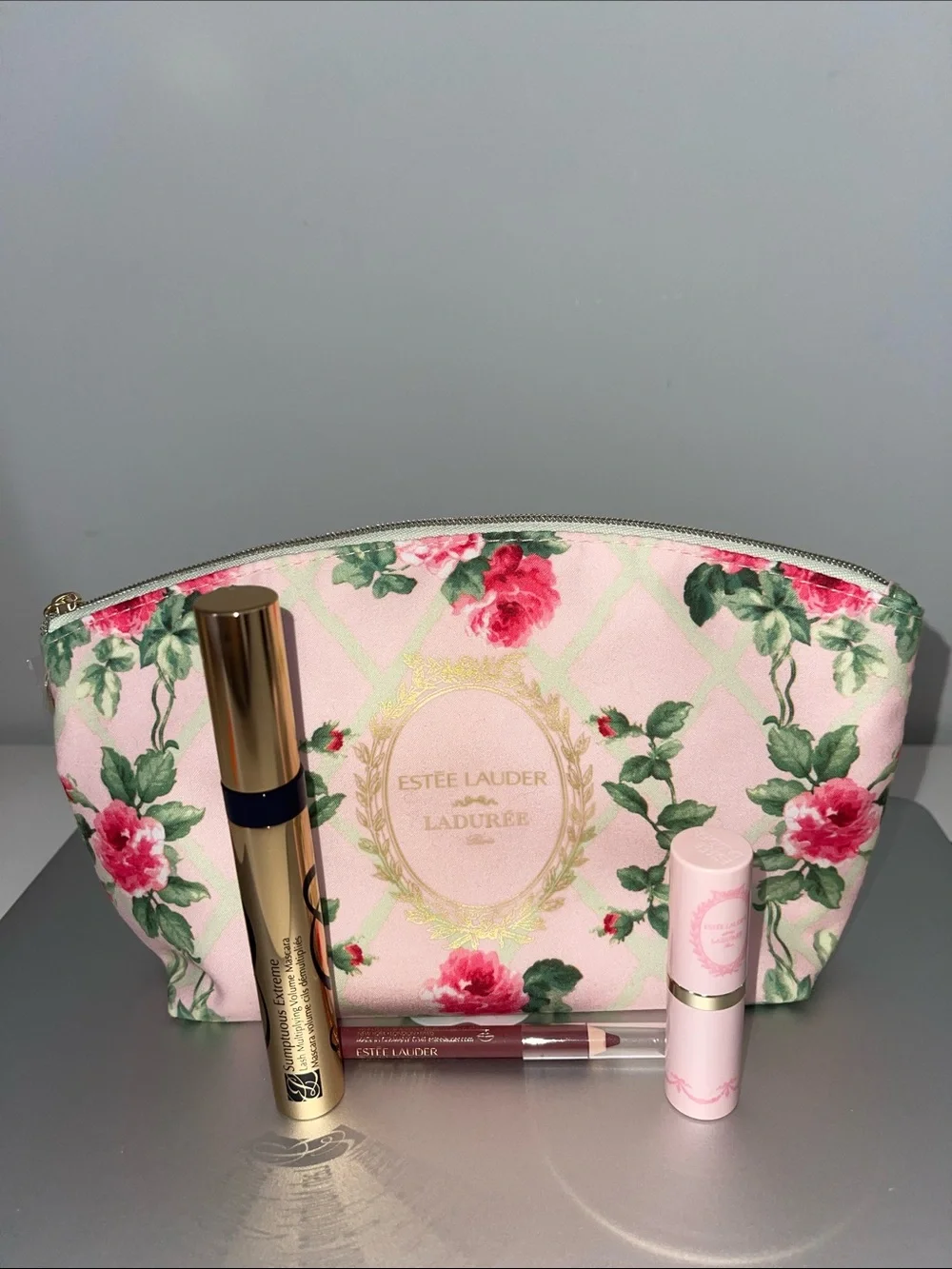 Estée Lauder Ladurée Pink Floral Makeup Bag with Lipstick lip liner mascara new